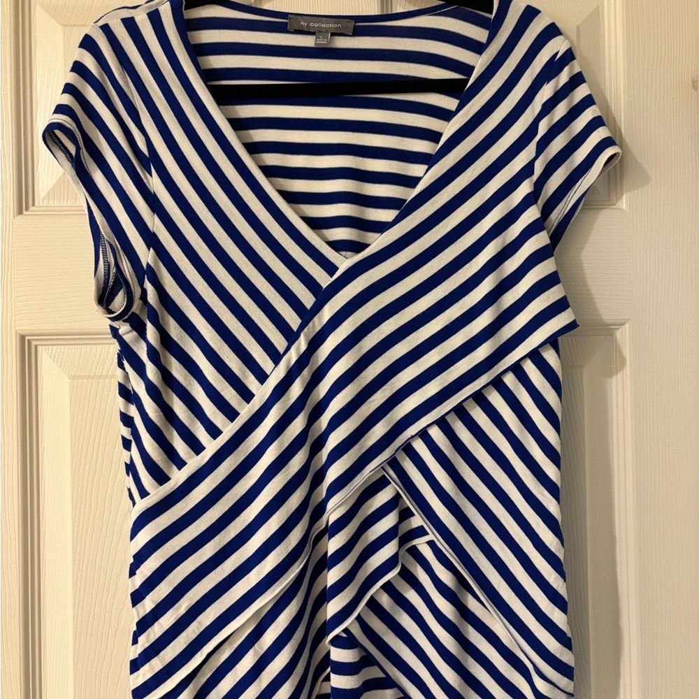 NY Collection Royal Blue and White Wrap Blouse Short Sleeve Large